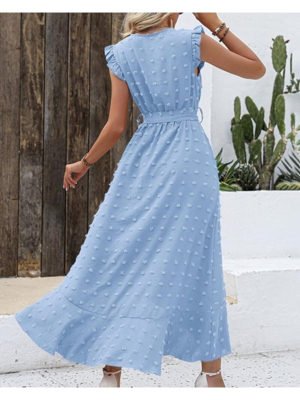 Women's Sky Blue Swiss Dot Cap Sleeve V Neck Tie Waist Imported Causal Maxi Dres - Picture 4 of 6